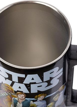 Silver Buffalo Star Wars Featuring Luke Skywalker, Princess Leia, Hans Solo, Chewbacca, Yoda, R2-D2, and C-3PO Double Wall Stainless Steel Travel Mug With Handle, 15 Ounces
