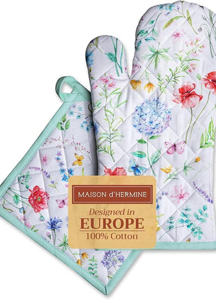 Maison d' Hermine 100% Cotton Oven Mitt & Pot Holder Set (7.5"x13" & 8"x8") Heat Resistant BBQ Cooking Gloves with Loop, Baking, Grilling, Kitchen, Handling Hot Pans Spring/Summer (Just Floral)