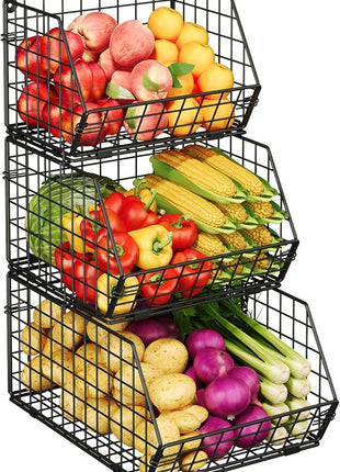 X-cosrack 3-Tier Stackable Wire Baskets for Pantry Organization and Storage, Kitchen Counter Basket for Potato Onion Storage, Fruit and Vegetable Storage Basket, Metal Baskets for Snack Produce Cans