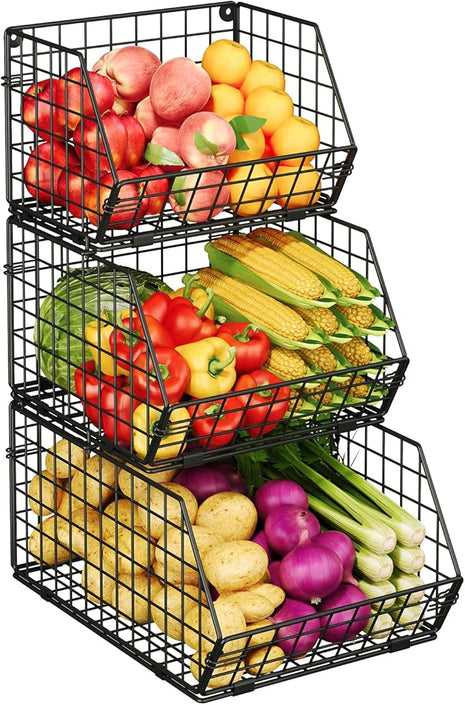 X-cosrack 3-Tier Stackable Wire Baskets for Pantry Organization and Storage, Kitchen Counter Basket for Potato Onion Storage, Fruit and Vegetable Storage Basket, Metal Baskets for Snack Produce Cans