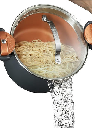 Gotham Steel 5 Quart Stock Pot Multipurpose Pasta Pot with Strainer Lid & Twist and Lock Handles, Nonstick Ceramic Surface Makes for Effortless Cleanup with Tempered Glass Lid, Dishwasher Safe