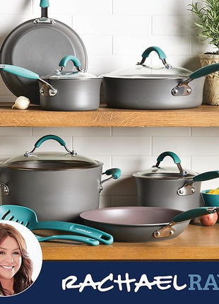 Rachael Ray Cucina Hard Anodized Nonstick Cookware Pots and Pans Set, 12 Piece, Gray with Blue Handles