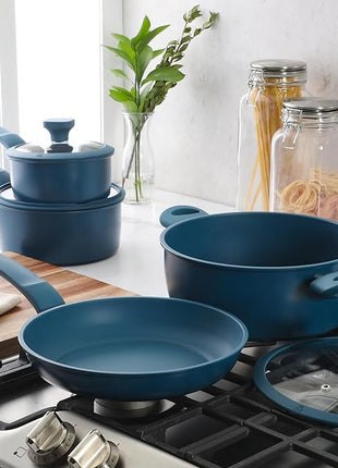 Gibson Home Helensburgh 7-Piece PFA-Free Ceramic Nonstick Carbon Steel Cookware Set – Blue Pots and Pans with Glass Lids, Saucepan, Dutch Oven, Fry Pan