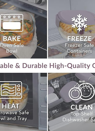 Bentgo Glass All-in-One Salad Container - Large 61-oz Salad Bowl with Lid, 4-Compartment Bento-Style Tray, 3-oz Sauce Container, and Reusable Fork - Dishwasher, Microwave, and Oven Safe (Lavender)