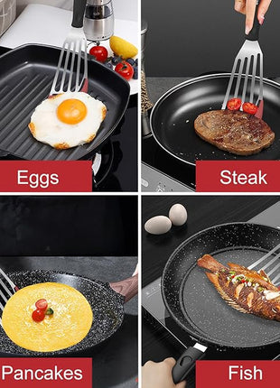 Beijiyi Fish Spatula Turner Set of 2, Heat Resistant Silicone Edge Slotted Fish Spatulas for Nonstick Cookware, Flexible and Thin Stainless Steel Kitchen Cooking Spatula Flipper for Fish, Egg, Pancake