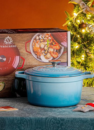 vancasso 7.5 QT Enameled Cast Iron Dutch Oven with Lid - Nonstick Enamel Coating, Tight-Sealing Pot for Bread Baking, Braising, Soups & Stews, Oven/Stovetop/Grill Safe, Blue