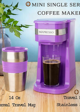 Mixpresso Purple Personal Single Serve Coffee Maker with 14oz Travel Mug, Drip Small Coffee Maker with Auto Shut Off, Reusable Filter, Works with Ground Coffee Only – Not for K-Cup Pods