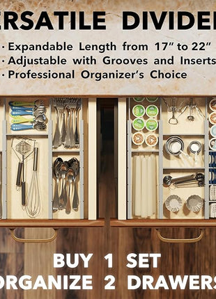 SpaceAid Bamboo Drawer Dividers with Inserts and Labels, Kitchen Adjustable Drawer Organizers, Expandable Organization for Home, Office, Dressers, 7 Dividers with 15 Inserts (17"-22" Gray)