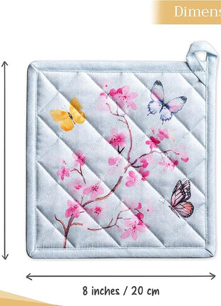 Maison d' Hermine Pot Holders 100% Cotton Heat Resistant Potholders 8" x 8" Hot Pads with Loop BBQ, Cooking, Baking, Grilling, Kitchen, Handling Hot Pans Spring/Summer (Pack of 1, Blossoms in Spring)