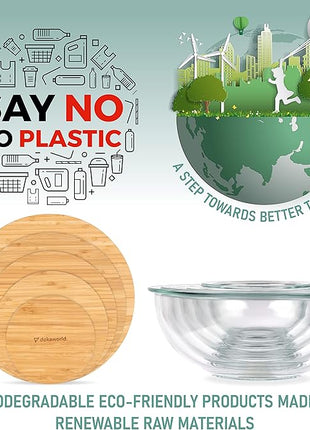 Stackable Space-Saving Set of 5 Nesting Glass Bowls with Bamboo Lids for Foodprep, Storage, Baking, Mixing & Cooking, Microwave & Oven Safe BPA Free Heat Resistant Inert Borosilicate Glass