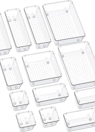 SMARTAKE 13-Piece Drawer Organizers with Non-Slip Silicone Pads, 5-Size Desk Bathroom Drawer Organizer Trays Storage Tray for Makeup, Jewelries, Utensils in Bedroom Dresser, Office and Kitchen, Clear