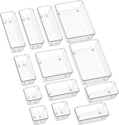 SMARTAKE 13-Piece Drawer Organizers with Non-Slip Silicone Pads, 5-Size Desk Bathroom Drawer Organizer Trays Storage Tray for Makeup, Jewelries, Utensils in Bedroom Dresser, Office and Kitchen, Clear