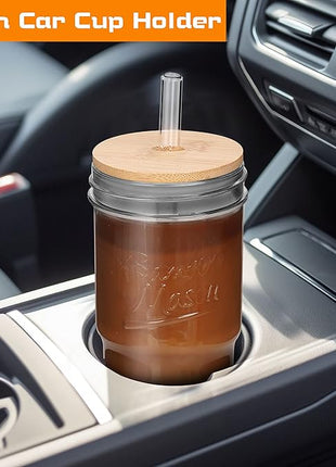 ANOTION Glass Cups with Lids and Straws 2 Packs, 24oz Travel Coffee Mug Wide Mouth Bamboo Mason Jar Iced Coffee Cup Smoothie Cup Glass Tumbler Tea Cup Clear Cute Water Cups Drinking Jars Glasses