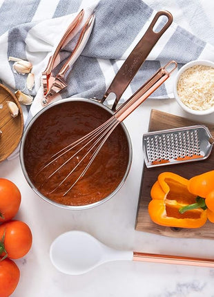 White Silicone and Copper Kitchen Utensils Set with Holder - 17-Piece Rose Gold Cooking Tools for Nonstick Cookware, with Measuring Cups, Spoons, & Utensil Holder - Stylish Copper Kitchen Accessories