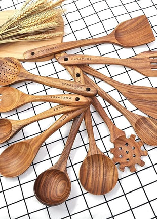 11 Pcs Wooden Kitchen Utensils Set - Wooden Spoons, Spatulas and More for Cooking