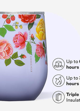 Corkcicle Stemless Insulated Wine Glass Tumbler - Keeps Beverages Cold 6 Hrs Hot 3 Hrs - Stainless Steel - Easy-Grip - Gift for Mom - Great for Mother's Day or Christmas - 12 oz - Roses Purple