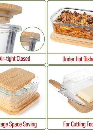 Set of 4 Stackable Space-Saving Nesting Glass Containers with Airtight Bamboo Lids - Lunch, Meal & Food Prep - Microwave & Oven Safe BPA Free Durable Heat Resistant Inert Borosilicate Glass
