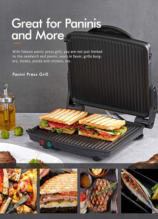 Panini Press Grill, Yabano Gourmet Sandwich Maker Non-Stick Coated Plates 11" x 9.8", Opens 180 Degrees to Fit Any Type or Size of Food, Stainless Steel Surface and Removable Drip Tray, 4 Slice