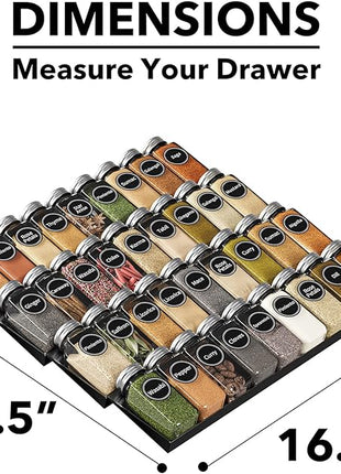 SpaceAid Spice Drawer Organizer with 36 Spice Jars, 386 Spice Labels, 4 Tier Seasoning Rack Tray Insert for Kitchen Drawers, 16.75" Wide x 17.5" Deep