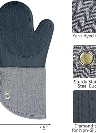 Professional Microwave Silicone Oven Mitts one Pair, Kitchen Mitten Set for Heat Resistant with 500 Degrees, Kitchen Gloves Pot Holder for BBQ Cooking Baking (Gray)