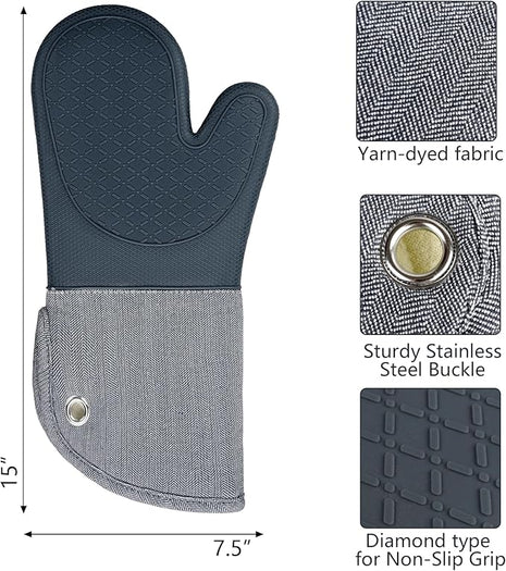 Professional Microwave Silicone Oven Mitts one Pair, Kitchen Mitten Set for Heat Resistant with 500 Degrees, Kitchen Gloves Pot Holder for BBQ Cooking Baking (Gray)