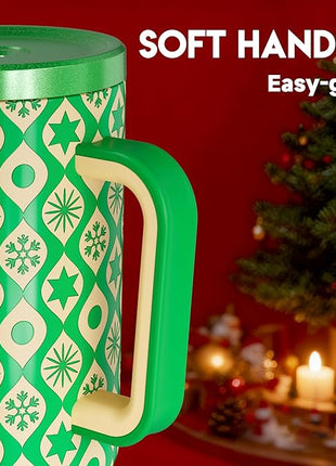 Meoky 40 oz Christmas Tumbler with Handle and Straw, Xmas Tumbler with Lid and Straw, Insulated Stainless Steel Travel Mug, Christmas Gifts for Women Men Adults (Emerald Cheer)