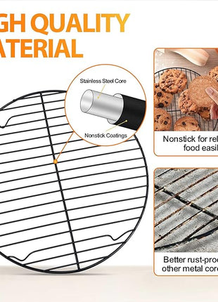 P&P CHEF Round Cooling Rack Set, Round Wire Racks for Cooking Baking, Fit Air Fryer & Oven, Stainless Steel Core with Nonstick Coatings, Black, 2 PCS - 10.5 Inch