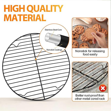 P&P CHEF Round Cooling Rack Set, Round Wire Racks for Cooking Baking, Fit Air Fryer & Oven, Stainless Steel Core with Nonstick Coatings, Black, 2 PCS - 10.5 Inch