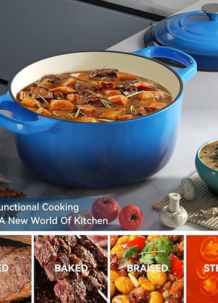 Miereirl 6 Quart Enameled Dutch Oven Pot with Lid, Cast Iron Dutch Oven with Dual Handles for Bread Baking, Cooking, Non-stick Enamel Coated Cookware (Dark Blue)