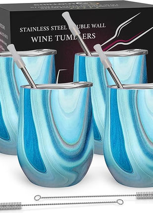 CHILLOUT LIFE 12 oz Stainless Steel Wine Tumblers 4 Pack - Double Wall Vacuum Insulated Wine Glasses Cups with Lids and Straws Set Keeping Cold & Hot for Coffee, Beer, Ice Cream - Ocean Marble Pattern