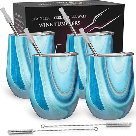 CHILLOUT LIFE 12 oz Stainless Steel Wine Tumblers 4 Pack - Double Wall Vacuum Insulated Wine Glasses Cups with Lids and Straws Set Keeping Cold & Hot for Coffee, Beer, Ice Cream - Ocean Marble Pattern