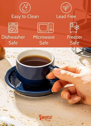 Sweese 8 Ounce Porcelain Stackable Cappuccino Cups with Saucers and Metal Stand - for Specialty Coffee Drinks, Cappuccino, Latte, Americano and Tea - Set of 4, Navy