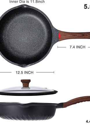 Vinchef Nonstick Deep Frying Pan Saute Pan with Lid, 12in/5.5Qt Fry Pan, German 3C+ Ceramic Coating Technology, Heat Indicator, Induction Compatible