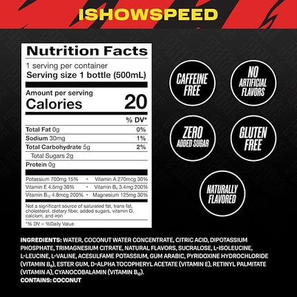 PRIME Hydration ISHOWSPEED, Sports Drinks, Electrolyte Enhanced for Ultimate Hydration, 250mg BCAAs, B Vitamins, Antioxidants, Low Sugar, 16.9 Fl Oz, 12 Pack