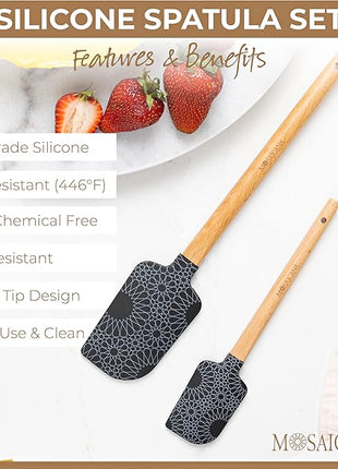Silicone Spatula set of 2 with wooden handle and stunning pattern (Black)
