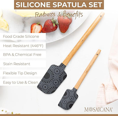 Silicone Spatula set of 2 with wooden handle and stunning pattern (Black)