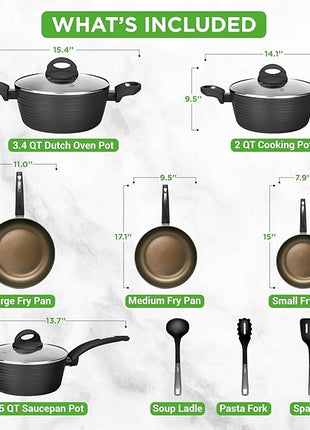 NutriChef Metallic Ridge Line Nonstick Cooking Kitchen Cookware Pots and Pan Set with with Lids and Utensils, 12 Piece Set, Gray
