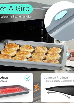 To encounter Silicone Baking Pans Set, 4 Pieces Nonstick Bakeware Set with Baking Pans, Baking Sheets, Cookie Sheets, Cake Pan with Metal Reinforced Frame More Strength, Light Grey