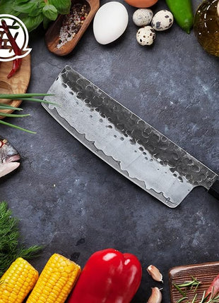 MITSUMOTO SAKARI Nakiri Chef Knife 7 inch - Hand Forged Japanese Kitchen Knives, 3-Layer 9CR18MOV High Carbon Steel, Rosewood Handle & Sandalwood Box