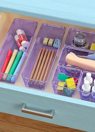 WOWBOX 6 Pack Clear Drawer Organizer Set, Acrylic Drawer Storage Trays, Storage Bins for Makeup, Cosmetics, Jewelries, Utensils, Gadgets, Office, Purple