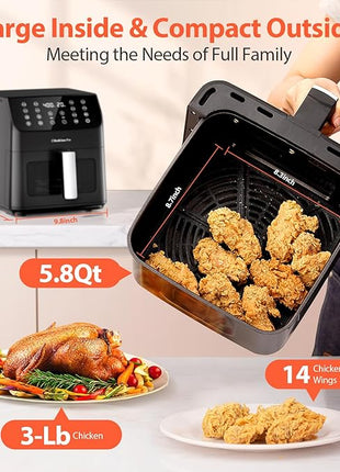 Beelicious 5.8QT Large Air Fryer, 12-in-1 Digital Airfryer with Clear Window, 40+ Recipes, Flavor-Lock Tech, Shake Reminder, Compact, Quiet, Dishwasher Safe, Nonstick (Black)