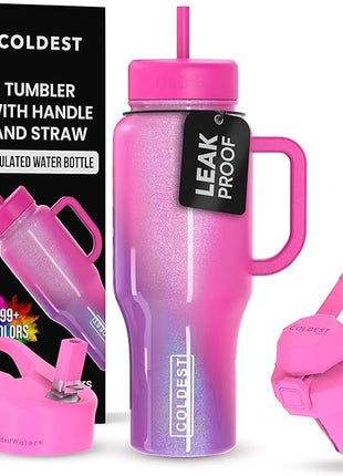 Coldest Tumbler with Handle and Straw, 100% Leak Proof Insulated Tumbler with Lid and Straw (3 Lids), Stainless Steel Tumblers for Women & Men, Cup Holder Friendly, 36 oz (Mulberry Dream)