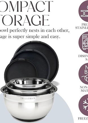 Bellemain Stainless Steel Non-Slip Mixing Bowls with Lids (5 Piece, Silver/Black)