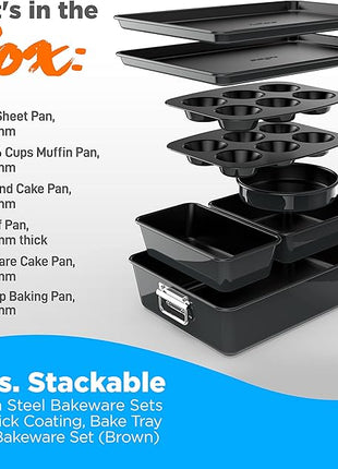 NutriChef 8-Piece Stackable Nonstick Bakeware Set - Premium Steel Baking Pans Set - Includes Round Cake Pan, 6-Cup Muffin Pans, Wide/Square Brownie & Loaf Pans, Cookie Sheet, & Roaster Pan (Black)