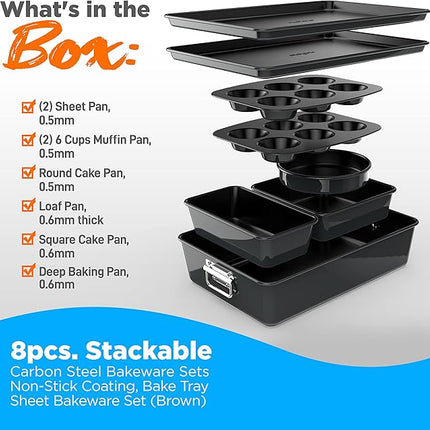 NutriChef 8-Piece Stackable Nonstick Bakeware Set - Premium Steel Baking Pans Set - Includes Round Cake Pan, 6-Cup Muffin Pans, Wide/Square Brownie & Loaf Pans, Cookie Sheet, & Roaster Pan (Black)