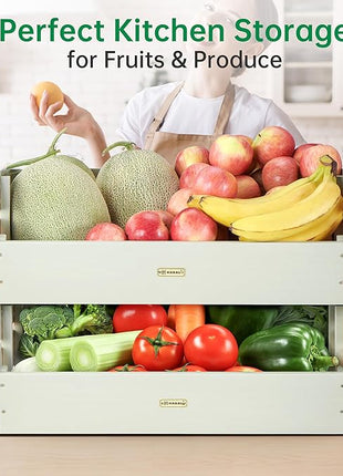 HABAU Wood Potato Onion Storage Bins - Wooden Stackable Produce Basket - Fruit Vegetable Storage for Kitchen Pantry Organization, Set 2 Pieces