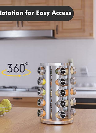 Revolving Spice Rack Set with 20 Spice Jars, Kitchen Spice Tower Organizer for Countertop or Cabinet -- Carousel Storage Includes 386 Spice Labels -- Desktop Rotating Seasoning Organizer