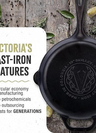 Victoria 12-Inch Cast Iron Skillet Set with Tempered Glass Lid, Large Handle Cover, and Pan Scraper