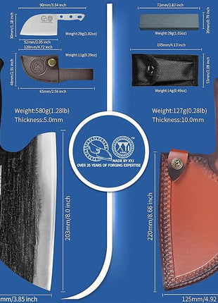 Full Tang, Serbian Chefs knife,Chef Meat Cleaver,Kitchen Knives,Set with Leather Sheath,Take Carrying,Butcher,for Camping or Outdoor (8 inch)