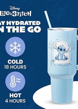 Silver Buffalo Disney Lilo and Stitch Minimalistic Design Ocean and Tropical Stainless Steel Tumbler with Handle and Straw, Fits in Standard Cup Holder, 40 Ounces